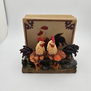Vintage Rooster Coaster Set w/ Holder – Farmhouse Chicken Drink Coasters – Resin
